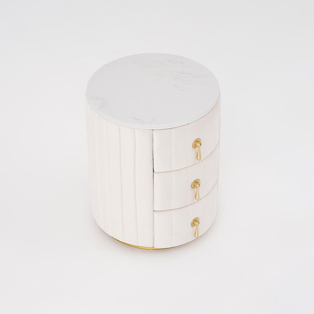 homary Velvet Nightstand with 3 Drawers, White Round Bedside Table with Sintered Stone Top, Modern Nightstand with Storage for Bedroom, End Table for Living Room