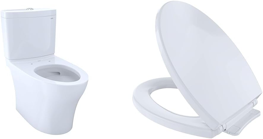 Toto TOTCST446CEMGN01 Aquia IV 0.9/1.28 GPF Toilet with TOTO Transitional SS114#01 SoftClose Cotton White Toilet Seat