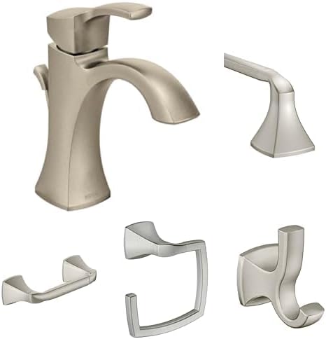 Moen Voss Brushed Nickel Bathroom Set: Single-Hole High-Arc Faucet with 24-Inch Towel Bar, Double Robe Hook, Hand Towel Ring, and Pivoting Toilet Paper Holder