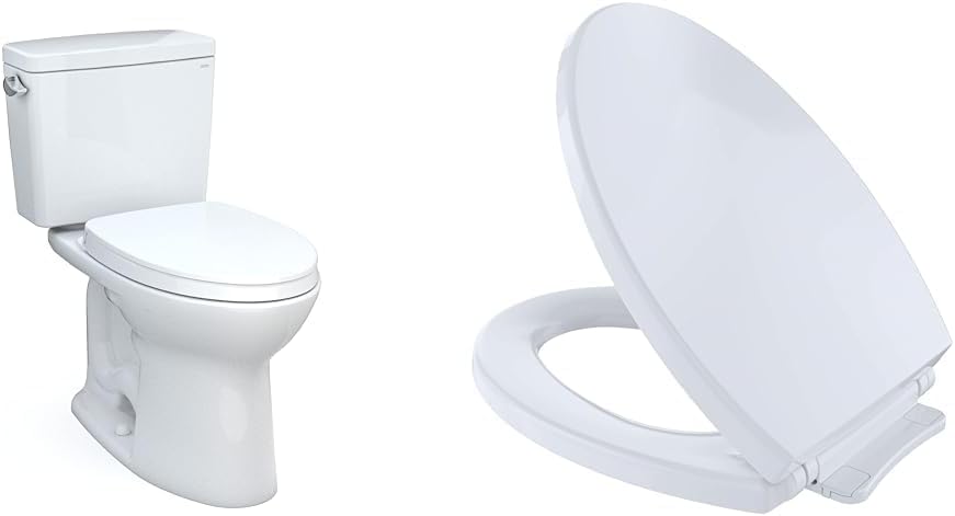 Drake 2-Piece 1.6 GPF Single Flush Elongated ADA Comfort Height Toilet w/ 10in Rough-In in Cotton White, Seat Included & Transitional SoftClose SS114#01 Elongated Soft Close SEAT, Cotton White