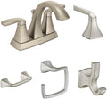 Moen Voss Brushed Nickel Bathroom Set: Two-Handle High-Arc Centerset Faucet with Drain, 24-Inch Towel Bar, Double Robe Hook, Hand Towel Ring, and Pivoting Toilet Paper Holder