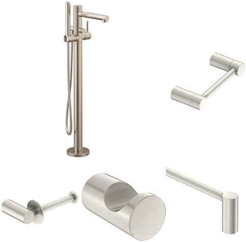 Moen Align Brushed Nickel Bathroom Set: Freestanding Tub Filler with Handshower, 24-Inch Towel Bar, Pivoting & Single Post Toilet Paper Holders, and Robe Hook