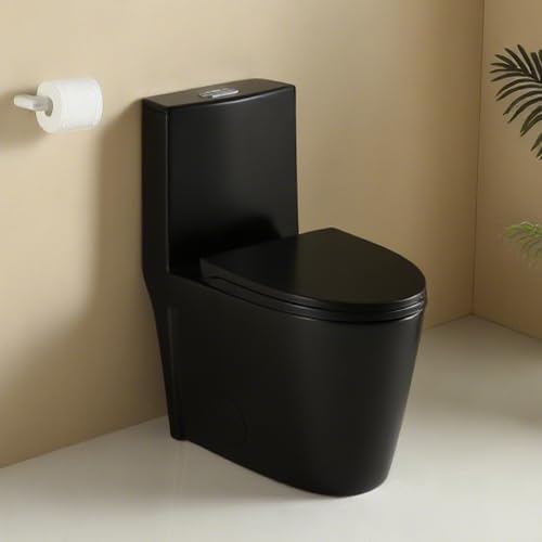 1.1/1.60 GPF Dual-Flush One Piece Toilet, Water-Saving Elongated Comfort Height Floor Mounted, Soft Closing Seat, 1000 Gram Map Flushing Score Toilet, Matte Black 23T02-MB (Black-2)