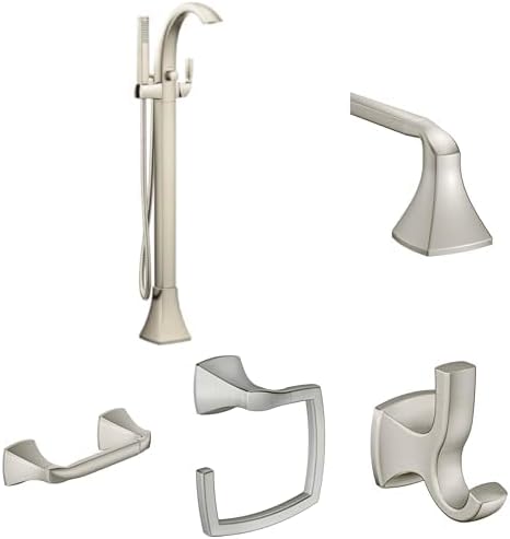 Moen Voss Brushed Nickel Bathroom Set: Freestanding Tub Filler with Handshower, 24-Inch Towel Bar, Double Robe Hook, Hand Towel Ring, and Pivoting Toilet Paper Holder
