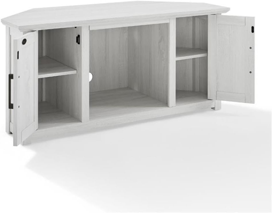 Pemberly Row Modern Rustic Wood Corner TV Stand, 48 in, Whitewash Finish, Fits TVs Up to 50 in, Adjustable Shelving, Cable Management, Antique Brass Hardware, MDF Construction, Living Room