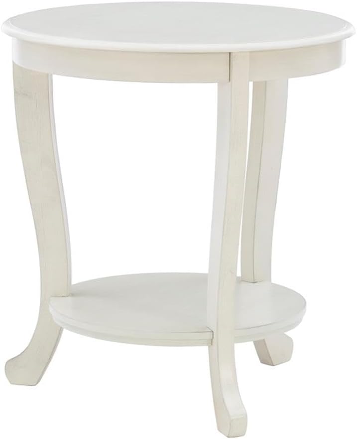 Pemberly Row Round Transitional Wood Side Table, 22' Diameter, White Multi-Step Finish, Acacia/Oak with Shelf, Accent Table for Living Room, Bedroom or Chairside Use