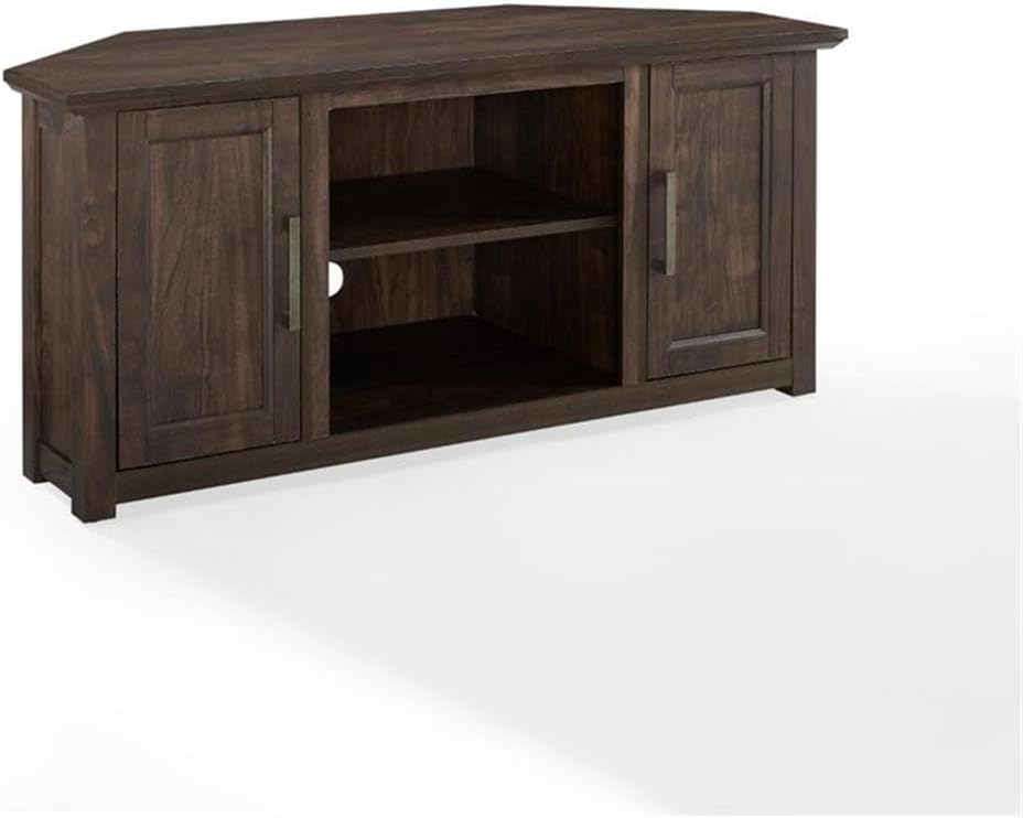 Pemberly Row Modern 48' Rustic Wood Corner TV Stand, Dark Walnut Finish, Fits TVs Up to 50 in, Adjustable Shelves, Antique Brass Hardware, Cable Management, Space-Saving Design for Living Room