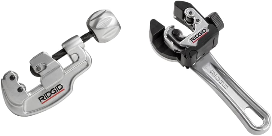 RIDGID 32573 Model 118 2-in-1 Close Quarters AUTOFEED 1/4' to 1-1/8' Metal Tubing Compact Cutter & 29963 Model 35S 1/4' to 1-3/8' Stainless Steel Tubing Cutter with X-CEL Knob, Silver, Small