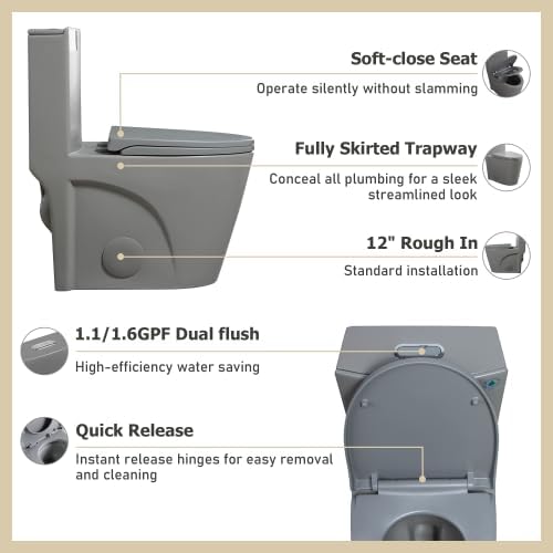 1.1/1.60 GPF Dual-Flush One Piece Toilet, Water-Saving Elongated Comfort Height Floor Mounted, Soft Close 1000 Gram Map Flushing Score Toilet, Light Grey 23T01-LG(Gray-2)