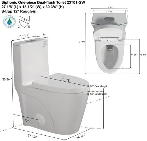 1.1/1.6 GPF Dual Flush 1-Piece Elongated Toilet with Soft-Close Seat - Gloss White, Water-Saving, Modern, Stylish Design 23T01-G(White-2)