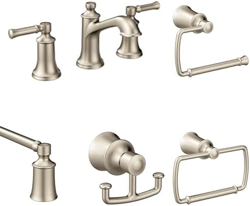 Moen Dartmoor Brushed Nickel Bathroom Set - Two-Handle High Arc Widespread Faucet with 24-Inch Towel Bar, Towel Ring, Toilet Paper Holder, and Robe Hook