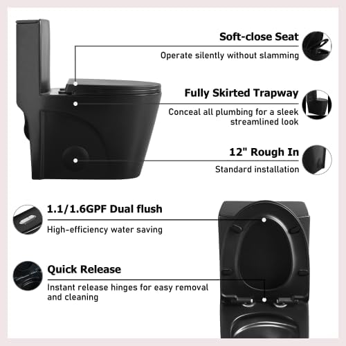 1.1/1.60 GPF Dual-Flush One Piece Toilet, Water-Saving Elongated Comfort Height Floor Mounted, Soft Closing Seat, 1000 Gram Map Flushing Score Toilet, Matte Black 23T02-MB (Black-2)