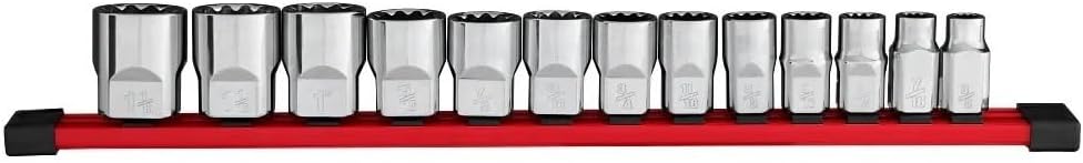 13 pc 48-22-9422 Four flat Socket Set for Milwaukee 1/2' Drive 12-Point Socket Set with Storage Rail Included