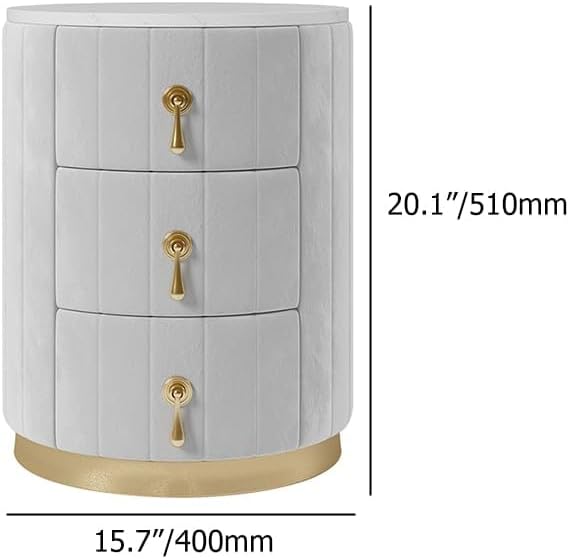 homary Velvet Nightstand with 3 Drawers, Gray Round Bedside Table with Sintered Stone Top, Modern Nightstand with Storage for Bedroom, End Table for Living Room