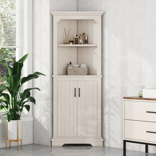 Bellemave Tall Corner Cabinet with 2 Doors and Adjustable Shelves, Freestanding Floor Bathroom Corner Cabinet for Living Room, Bathroom (Beige)