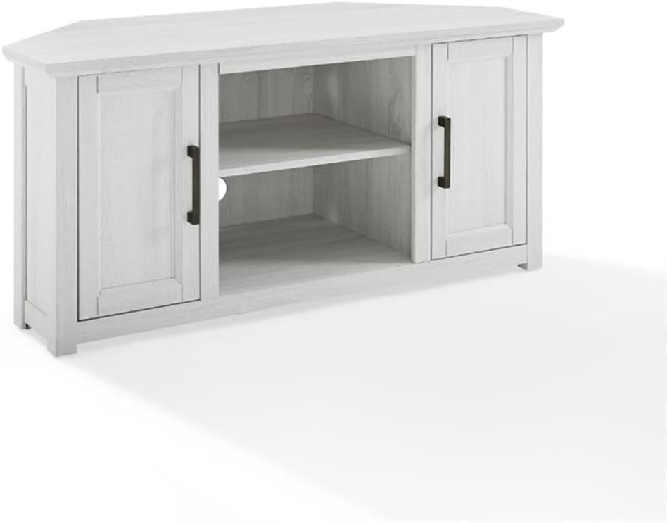 Pemberly Row Modern Rustic Wood Corner TV Stand, 48 in, Whitewash Finish, Fits TVs Up to 50 in, Adjustable Shelving, Cable Management, Antique Brass Hardware, MDF Construction, Living Room