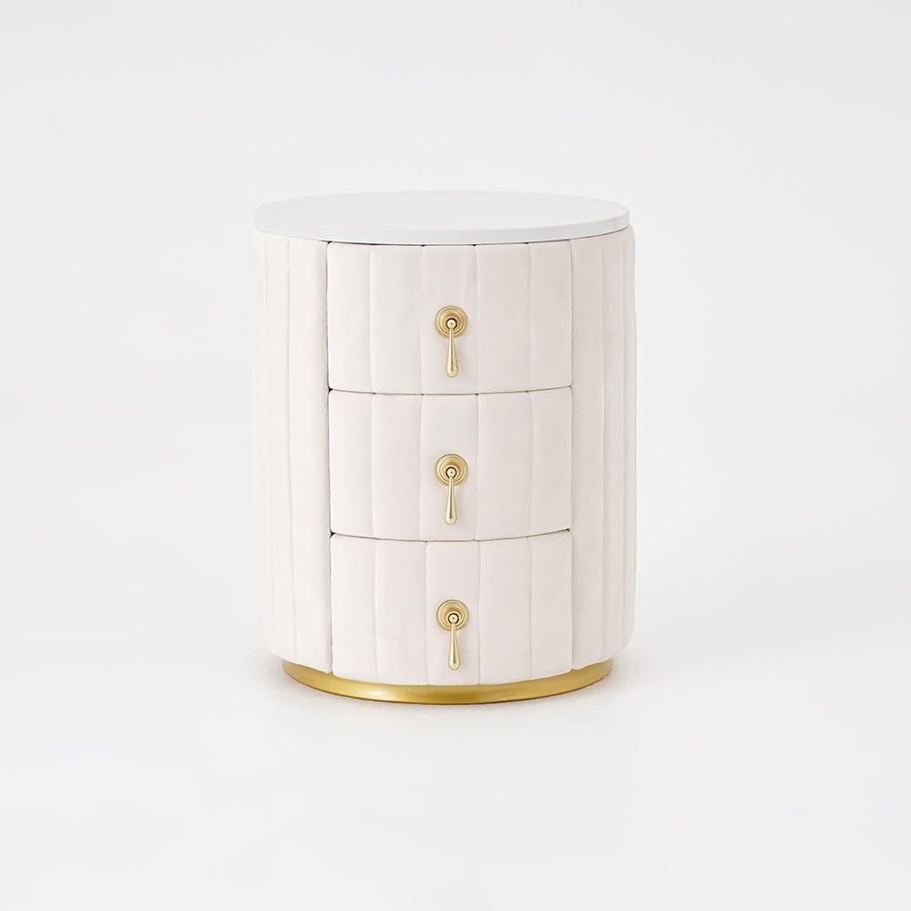 homary Velvet Nightstand with 3 Drawers, White Round Bedside Table with Sintered Stone Top, Modern Nightstand with Storage for Bedroom, End Table for Living Room