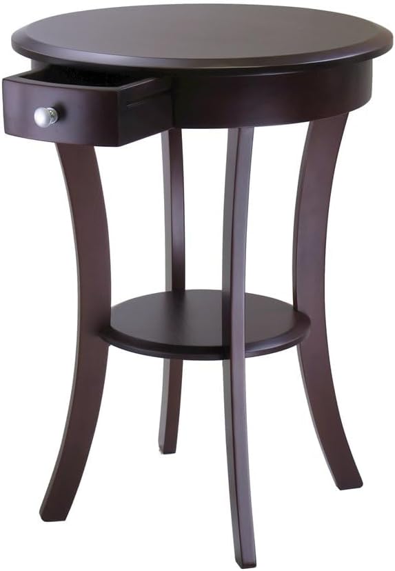 Furnifact Round Accent Table, Brown Finish, Storage Drawer, Lower Round Shelf, Solid/Composite Wood, Cappuccino, End Table Nightstand