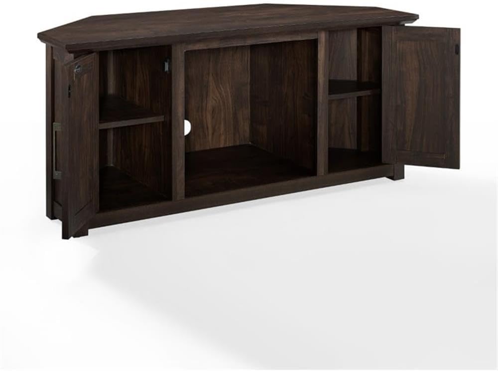 Pemberly Row Modern 48' Rustic Wood Corner TV Stand, Dark Walnut Finish, Fits TVs Up to 50 in, Adjustable Shelves, Antique Brass Hardware, Cable Management, Space-Saving Design for Living Room
