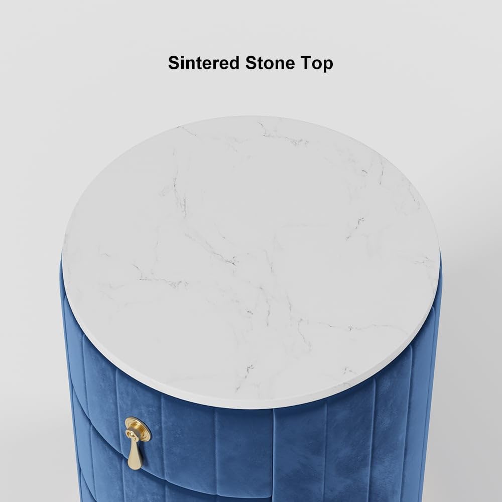 homary Velvet Nightstand with Storage, Blue Round Bedside Table with 3 Drawers, Stone Top Night Table for Bedroom, End Tables for Living Room