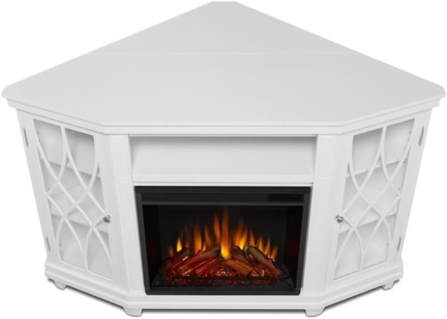 BOWERY HILL Modern Corner Fireplace TV Stand, Wood and Veneered MDF, White Finish, Fits TVs Up to 56', Infrared LED Electric Firebox, Adjustable Shelves, Contemporary Style, Living Room Entertainment