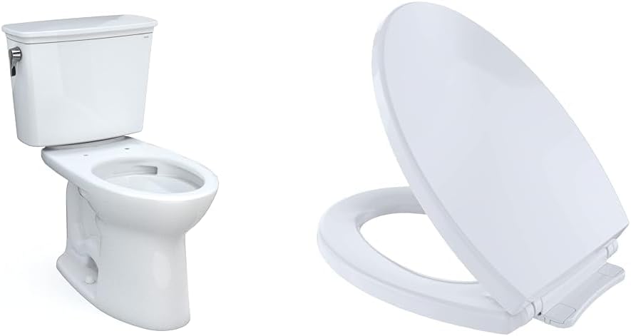 TOTO Drake Transitional 1.28 GPF TORNADO FLUSH Toilet Bundle with CEFIONTECT and SoftClose Elongated Toilet Seat, Cotton White