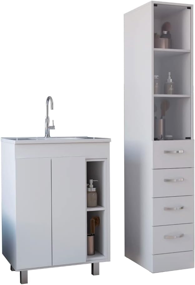 12' Montana 2-Piece Bathroom Set with Bathroom Vanity and Linen Cabinet, White – Bathroom Vanity & Storage Suite for Master Bathrooms, Guest Baths & Small Bathrooms