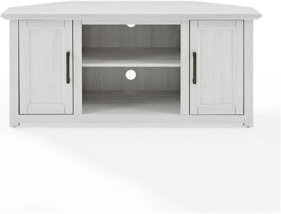 Pemberly Row Modern Rustic Wood Corner TV Stand, 48 in, Whitewash Finish, Fits TVs Up to 50 in, Adjustable Shelving, Cable Management, Antique Brass Hardware, MDF Construction, Living Room