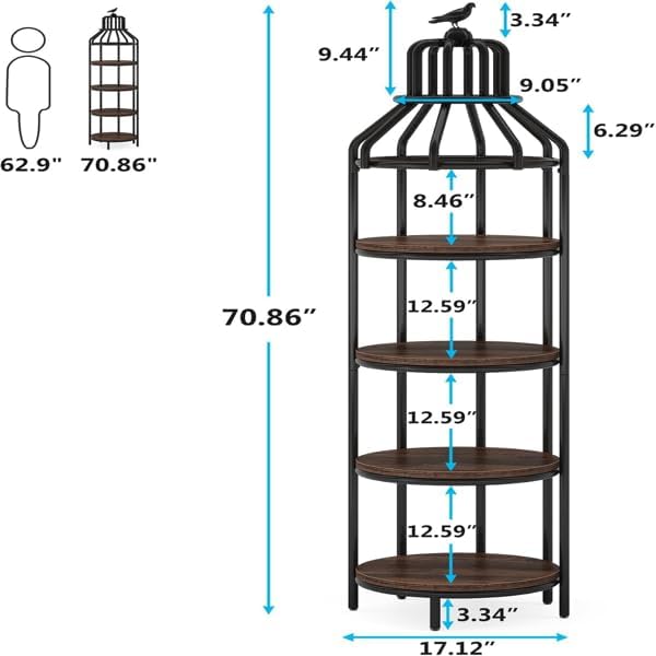 Birdcage Corner Bookshelf with 4-Tier Round Shelves – Narrow Storage Cabinet & Small Bookcase for Living Room, Bedroom, Office – Space-Saving Display Shelf with Metal Frame & Wood Finish