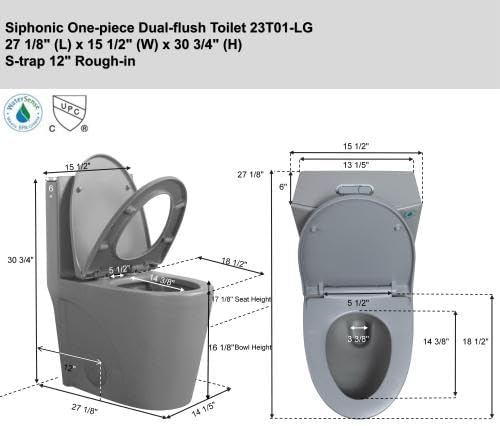 1.1/1.60 GPF Dual-Flush One Piece Toilet, Water-Saving Elongated Comfort Height Floor Mounted, Soft Close 1000 Gram Map Flushing Score Toilet, Light Grey 23T01-LG(Gray-2)
