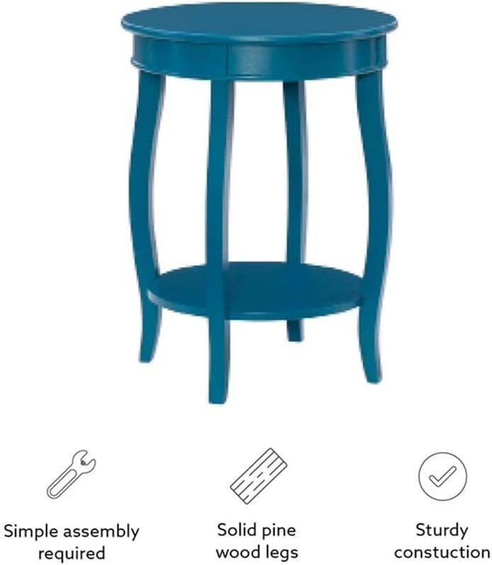 Pemberly Row Round Wood End Table with Shelf, Teal Blue Painted Finish, 24 in Height, MDF and Solid Wood, Cabriole Tapered Legs, Contemporary Accent Table for Living Room, Bedroom or Indoor Use