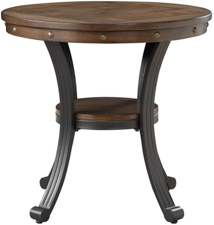 Pemberly Row Traditional End Table, 24' Round Wood and Metal, Rustic Umber Brown Finish, Oak Woodgrain Veneer Top with Nailhead Details, Sturdy Base, Living Room Side Table with Shelf