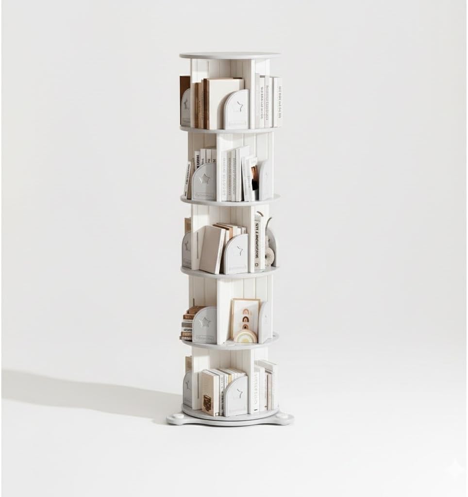 5-Tier Rotating Bookcase with Wheels, 360° Spinning Bookshelf Tower for Corner Spaces, Multi-Functional Book Display Stand & Organizer for Living Room, Bedroom, Classroom, Office - White