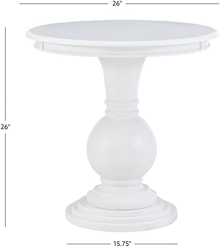 MAKLAINE Round Accent Table, 26.5 in Height, White Wood Finish, Pedestal Base, Stepped Design, Compact Living Room or Bathroom Side Table, Spacious 26.25 in Top, Supports Up to 50 lbs