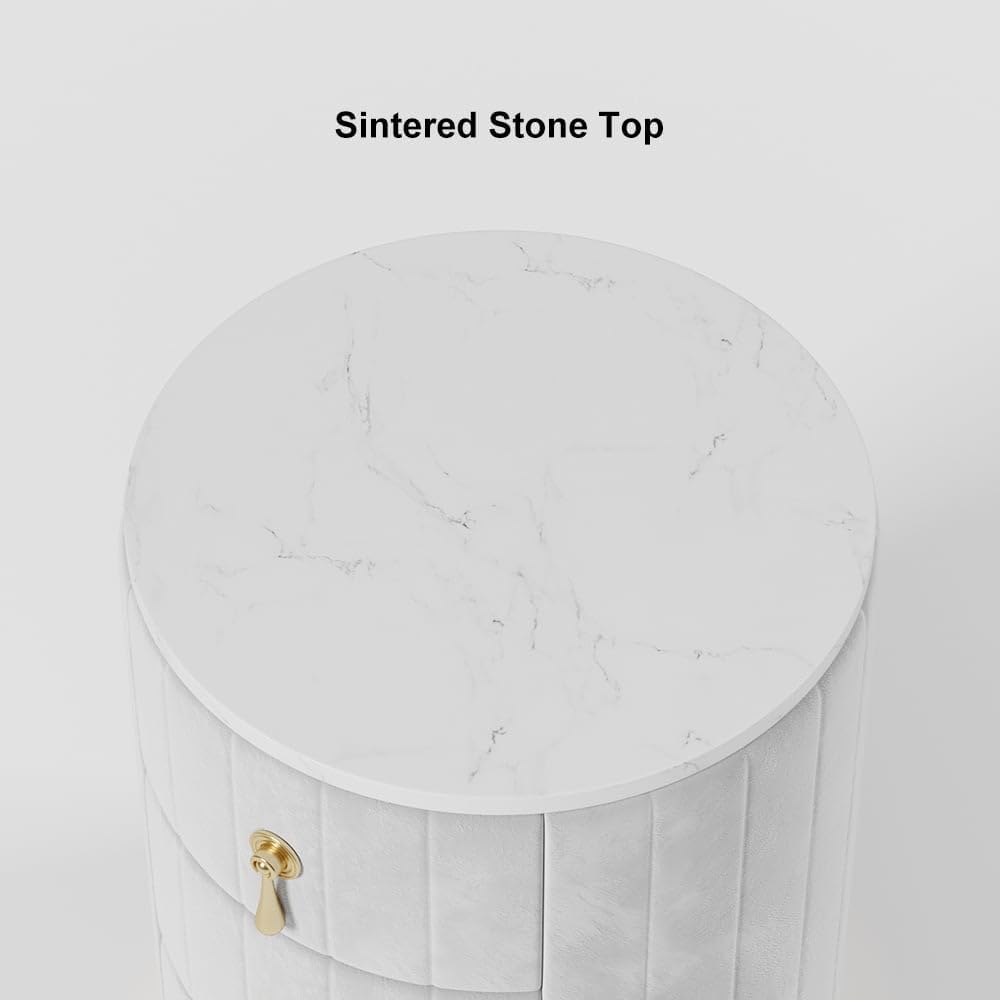 homary Velvet Nightstand with 3 Drawers, Gray Round Bedside Table with Sintered Stone Top, Modern Nightstand with Storage for Bedroom, End Table for Living Room