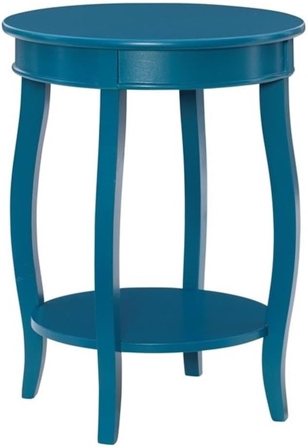 Pemberly Row Round Wood End Table with Shelf, Teal Blue Painted Finish, 24 in Height, MDF and Solid Wood, Cabriole Tapered Legs, Contemporary Accent Table for Living Room, Bedroom or Indoor Use