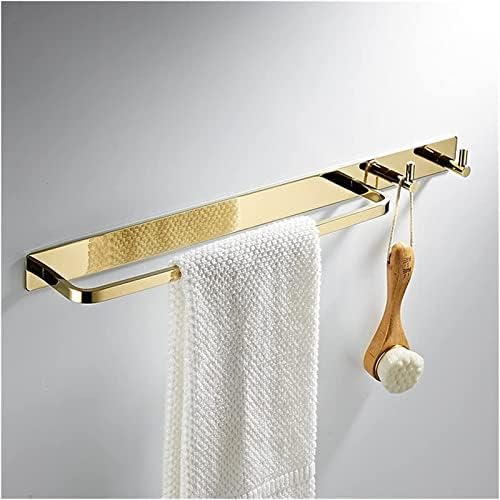 Bathroom Rack Towel Rail Rack Brass Towel Bar, Wall Mounted Screw Free Installation Black Gold Bathroom Towel Bar with Hooks Cloakroom Towel Shelf for Kitchen Bathroom Decor