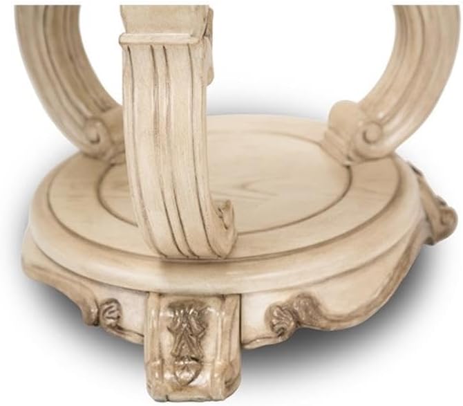 Pemberly Row Modern Chairside End Table, Ivory Finish, 25.5' H x 28' W x 26' D, Solid Poplar Wood Frame with Beveled Glass Inlay, Antique Carved Design, Bottom Shelf, Living Room Accent Table