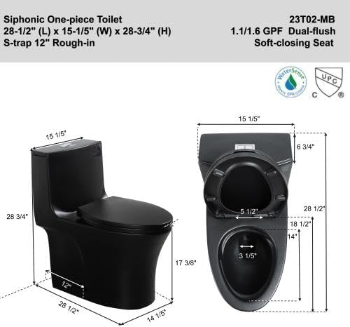 1.1/1.60 GPF Dual-Flush One Piece Toilet, Water-Saving Elongated Comfort Height Floor Mounted, Soft Closing Seat, 1000 Gram Map Flushing Score Toilet, Matte Black 23T02-MB (Black-2)