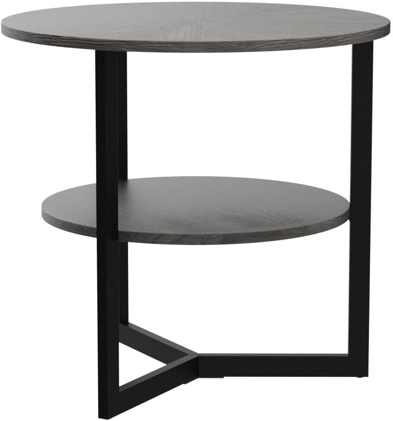 Large Round End Table with Storage Shelf, Rustic Circular Sofa Side Black Metal Legs, Solid Wood Nightstand, Telephone for Living Room, Bedroom, 25.2''D x 24''H Brushed CJZ1338BK