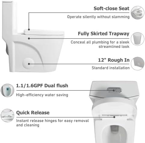 1.1/1.60 GPF Dual-Flush One Piece Toilet, Water-Saving Elongated Comfort Height Floor Mounted, Soft Closing Seat, 1000 Gram Map Flushing Score Toilet, Gloss White 23T02-GW (White-3)
