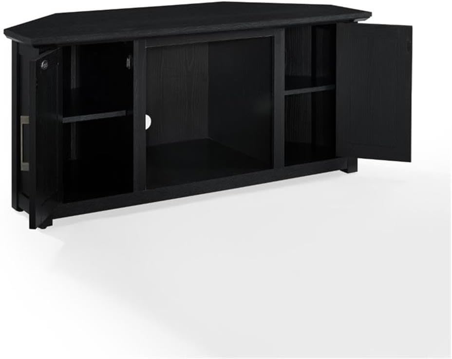 Pemberly Row Contemporary 48' Rustic Wood Corner TV Stand, Black Finish, Fits TVs Up to 50', Adjustable Shelves, Open Center Storage, Cable Management, Modern Farmhouse Style for Living Room Use