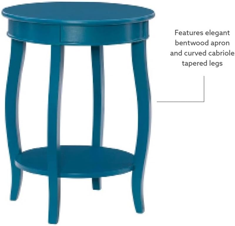 Pemberly Row Round Wood End Table with Shelf, Teal Blue Painted Finish, 24 in Height, MDF and Solid Wood, Cabriole Tapered Legs, Contemporary Accent Table for Living Room, Bedroom or Indoor Use