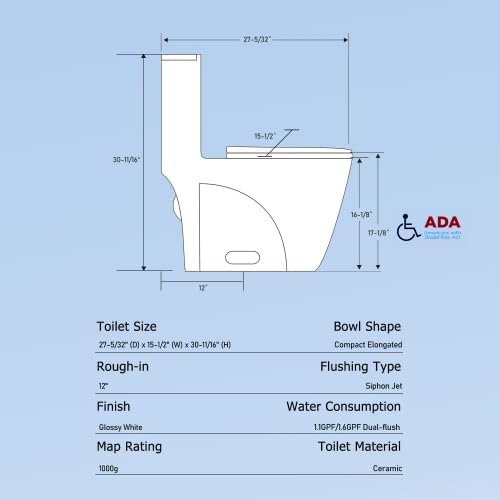 1.1/1.6 GPF Dual Flush 1-Piece Elongated Toilet with Soft-Close Seat - Gloss White, Water-Saving, Modern, Stylish Design 23T01-G(White-2)
