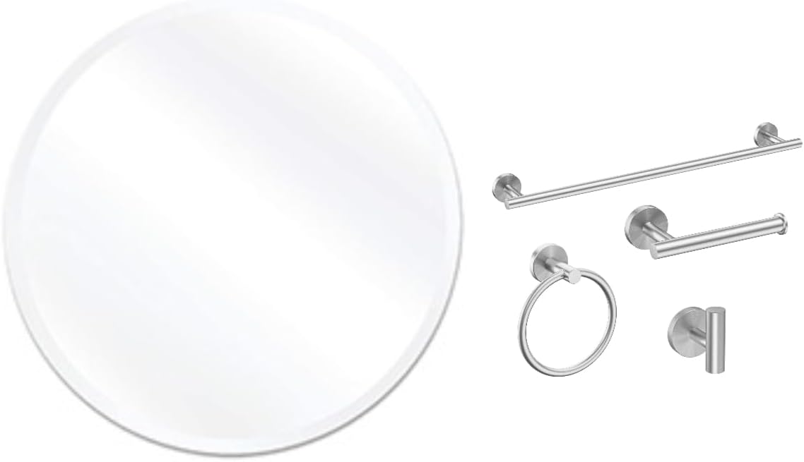USHOWER 30'' Frameless Round Bathroom Mirror + 24'' Towel Bar Set