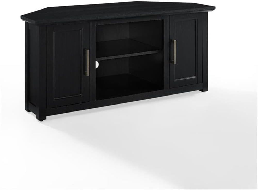 Pemberly Row Contemporary 48' Rustic Wood Corner TV Stand, Black Finish, Fits TVs Up to 50', Adjustable Shelves, Open Center Storage, Cable Management, Modern Farmhouse Style for Living Room Use