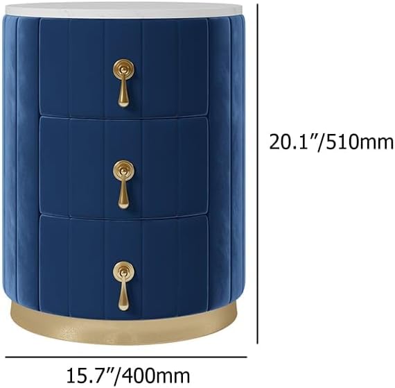 homary Velvet Nightstand with Storage, Blue Round Bedside Table with 3 Drawers, Stone Top Night Table for Bedroom, End Tables for Living Room