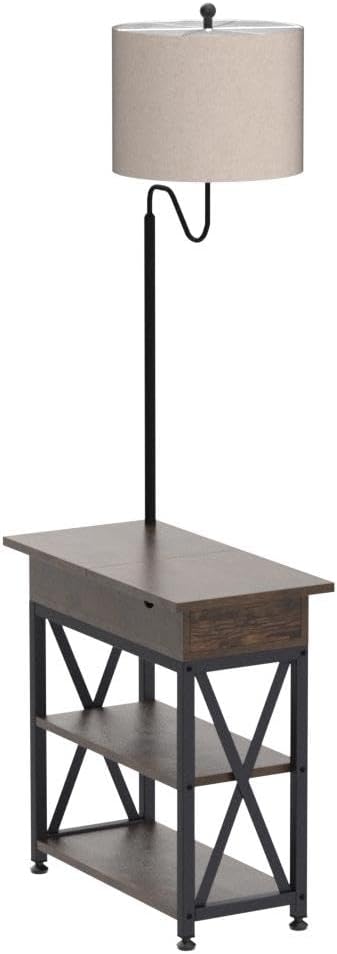 Dungoo Floor Lamp with Table, Narrow End Table with Lamp, Bedside Nightstand with USB & Type-C Ports and 2 Outlets, Rustic Side Table with Storage Shelf, End Table with Lamp for Living Room