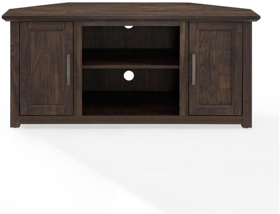 Pemberly Row Modern 48' Rustic Wood Corner TV Stand, Dark Walnut Finish, Fits TVs Up to 50 in, Adjustable Shelves, Antique Brass Hardware, Cable Management, Space-Saving Design for Living Room