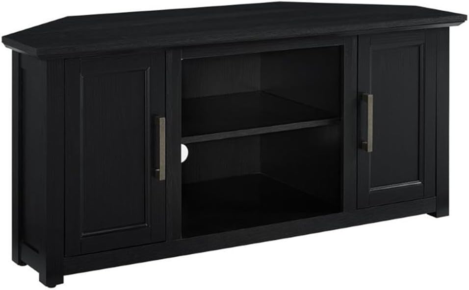 Pemberly Row Contemporary 48' Rustic Wood Corner TV Stand, Black Finish, Fits TVs Up to 50', Adjustable Shelves, Open Center Storage, Cable Management, Modern Farmhouse Style for Living Room Use